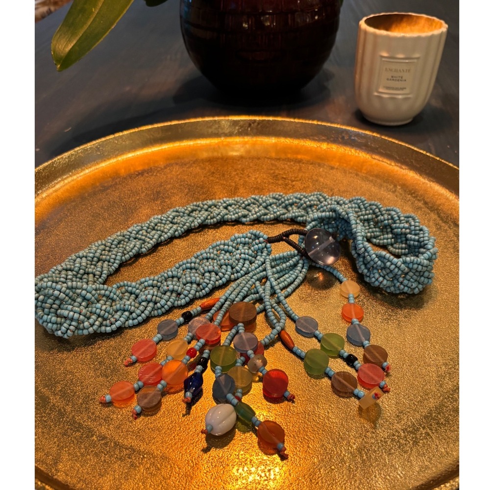 Blue Braided Seed Bead Belt with Multi-Color Glass Charms Boho Festival 30in